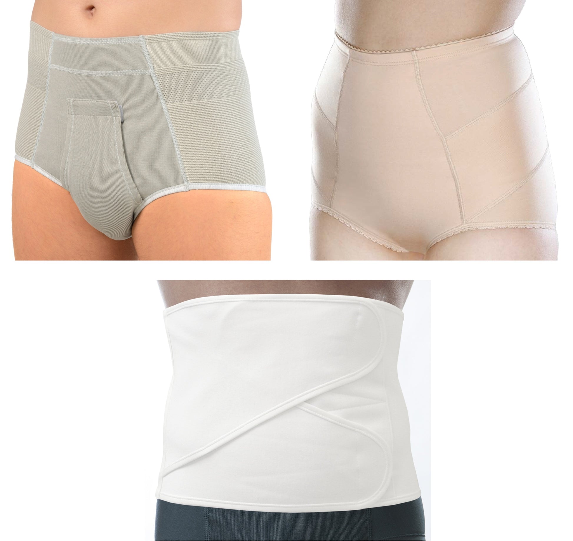 Three different hernia support garments, including grey hernia briefs, nude hernia pants and a white hernia belt/wrap.